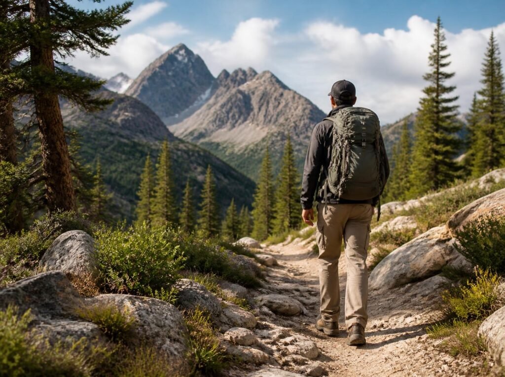 Backpacking and hiking on a forest trail with a hiker wearing a backpack
